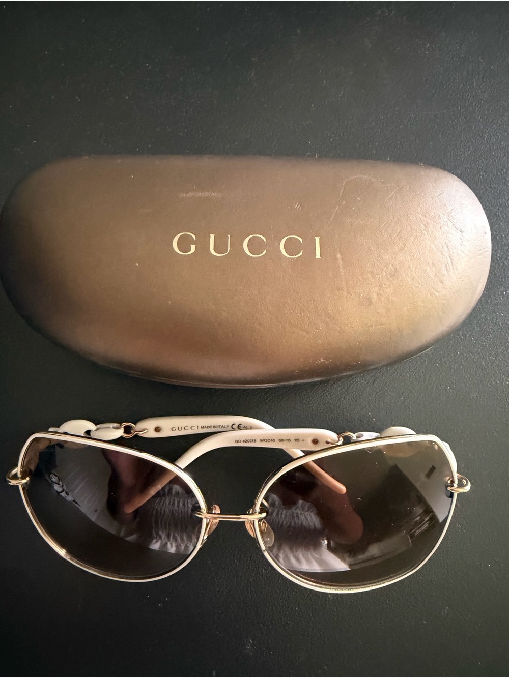 Gucci White Temple Gold Frame Brown Lens Women's Sunglasses